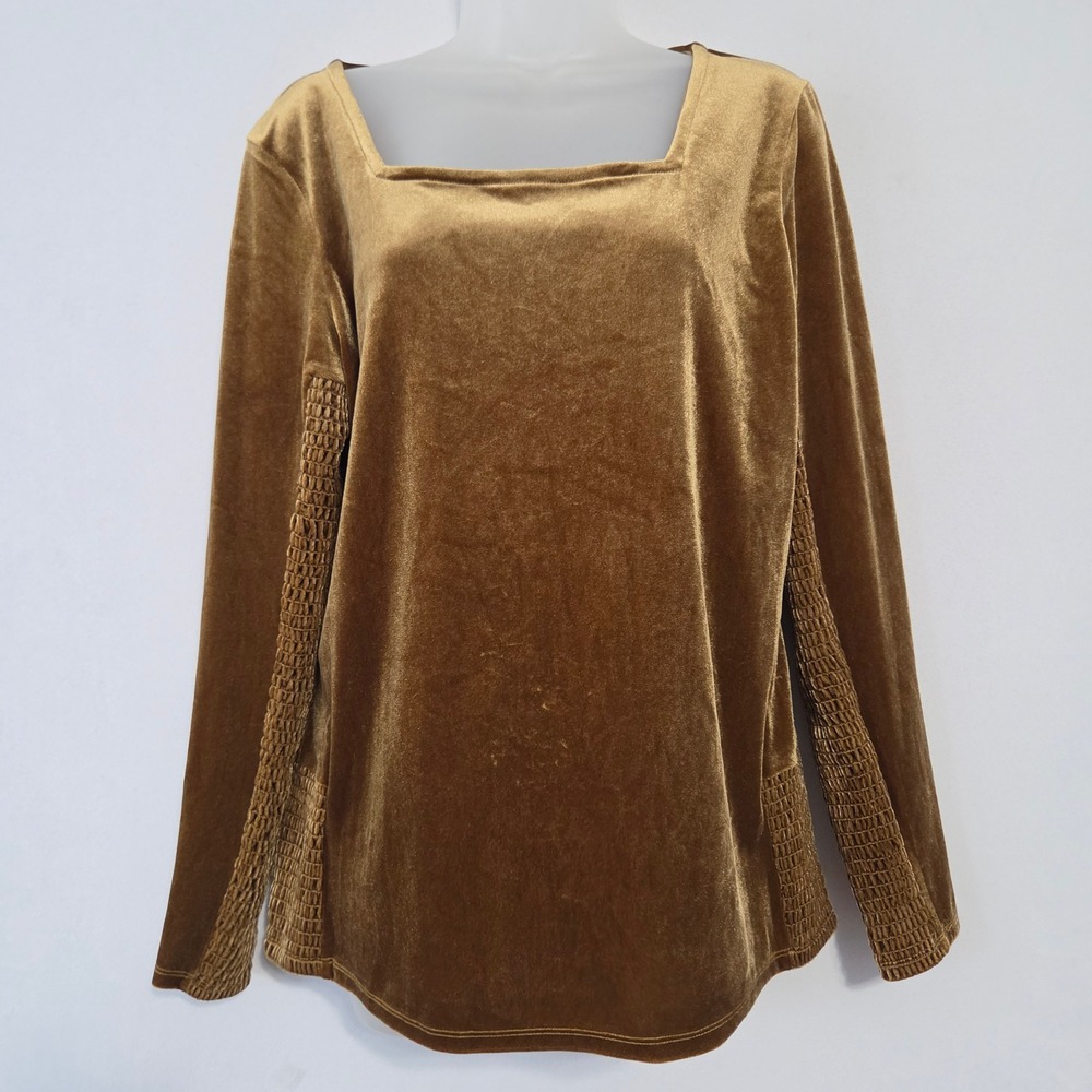 Sundance Elena Top Womens L Gold Velvet Smocked Square Neck Boho Earthy Romantic